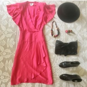 Vintage Perle 100% silk hot pink fuchsia ruffle butterfly sleeve midi dress